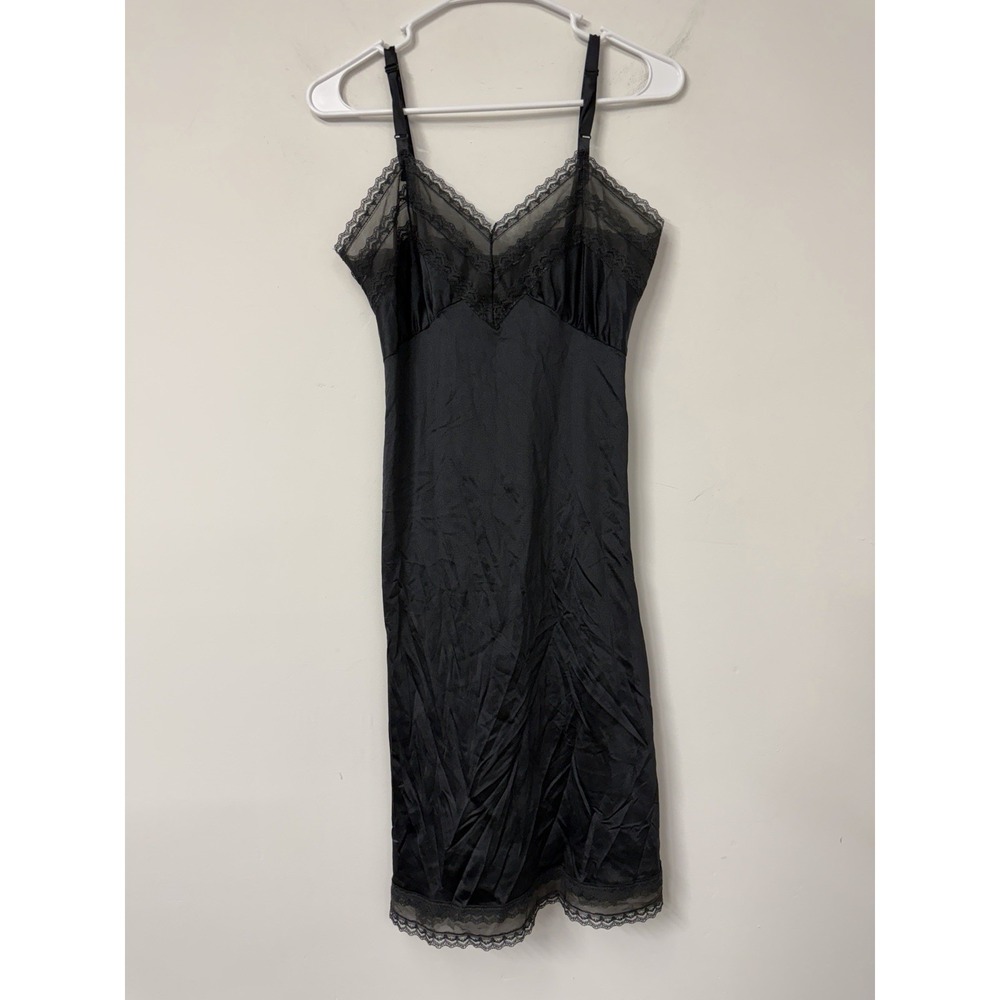Vtg Made In USA Small Black Satin Midi Slip Dress  Lace Trim‎ Goth Coquette Glam